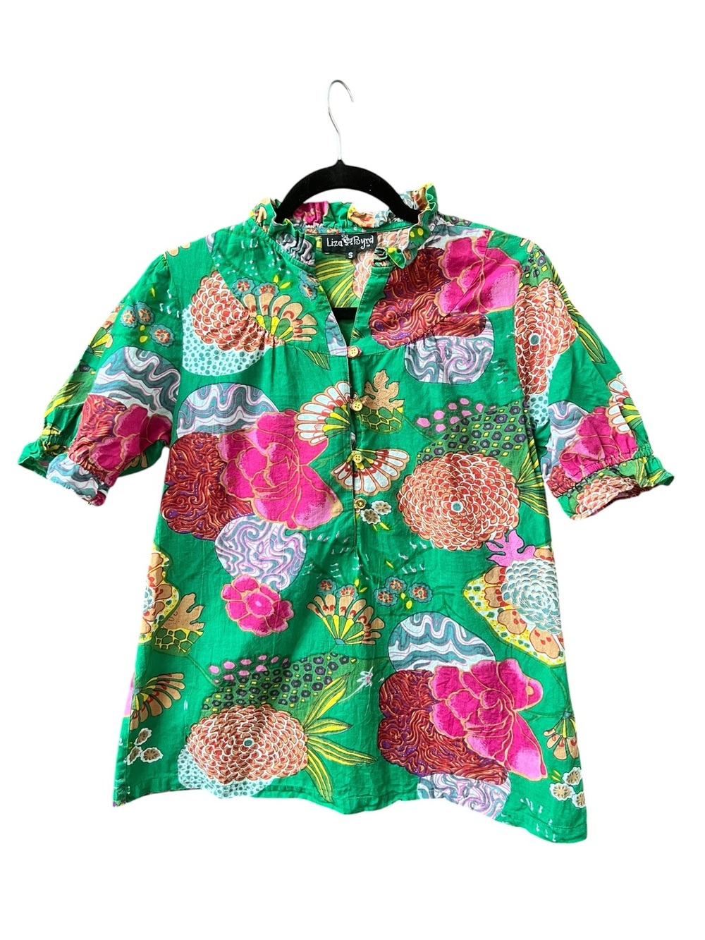 Liza Byrd Green Floral 100% Cotton Short Sleeve Top Small